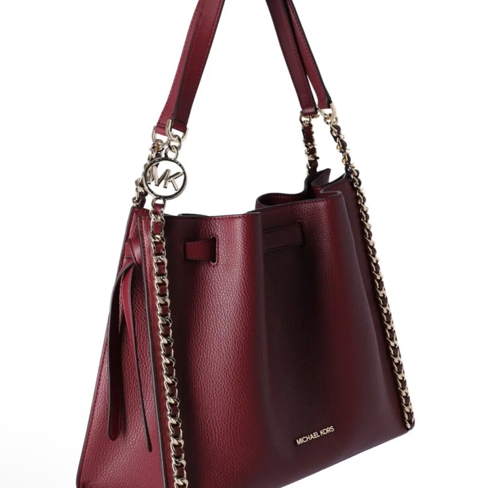 Michael Kors Mina Large Chain Shoulder Bag Hobo Tote Dark Cherry Pebbled Leather - Picture 6 of 8